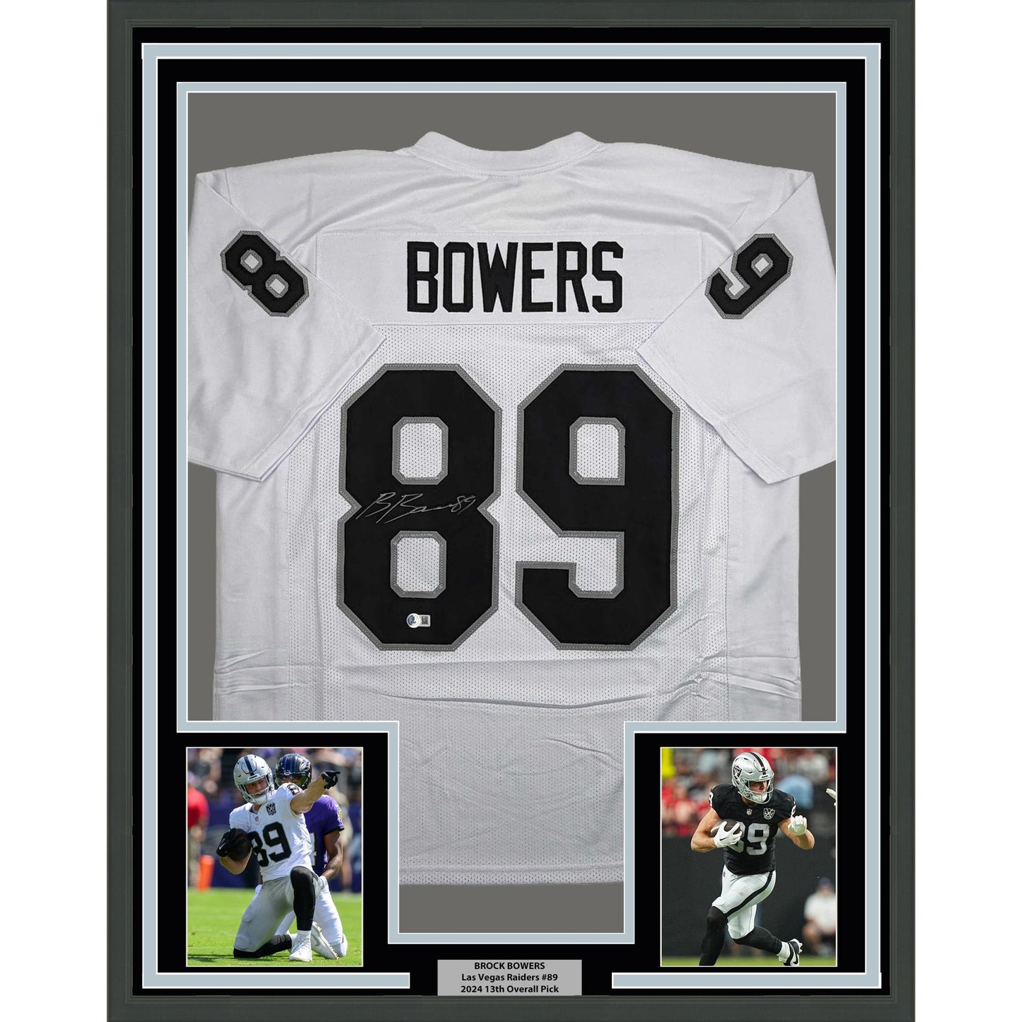 Framed Autographed/Signed Brock Bowers 35x39 Las Vegas Oakland White Football Jersey Beckett BAS COA
