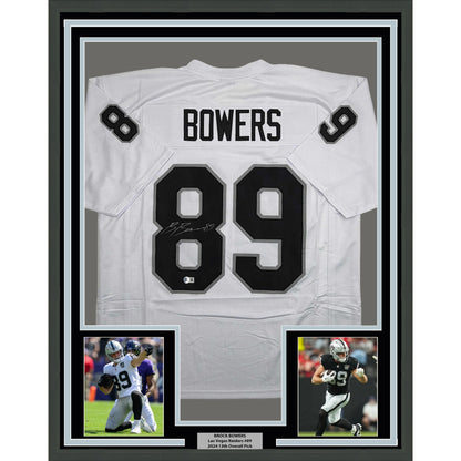 Framed Autographed/Signed Brock Bowers 35x39 Las Vegas Oakland White Football Jersey Beckett BAS COA