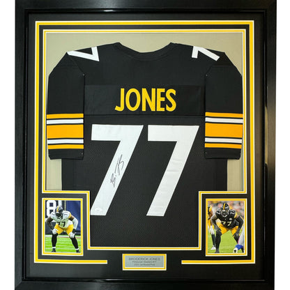 Framed Autographed/Signed Broderick Jones 35x39 Pittsburgh Black Football Jersey JSA COA
