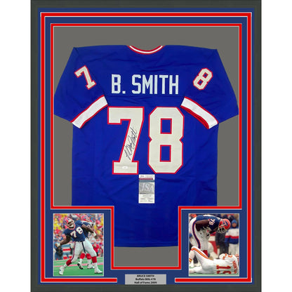 Framed Autographed/Signed Bruce Smith 35x39 Buffalo Blue Football Jersey JSA COA