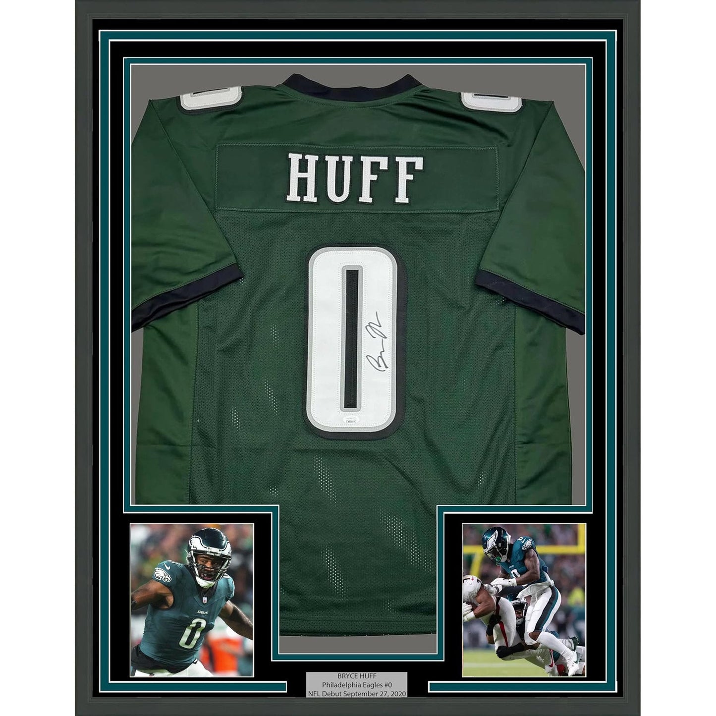Framed Autographed/Signed Bryce Huff 35x39 Philadelphia Green Football Jersey JSA COA
