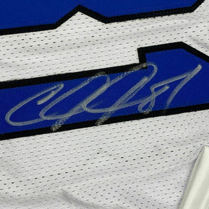 Framed Autographed/Signed Calvin Johnson 35x39 Detroit White Football Jersey JSA COA #2
