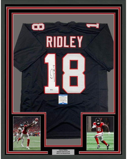 Framed Autographed/Signed Calvin Ridley 35x39 Atlanta Retro Black Football Jersey Beckett BAS COA