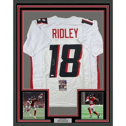 Framed Autographed/Signed Calvin Ridley 35x39 Atlanta White Football Jersey JSA COA