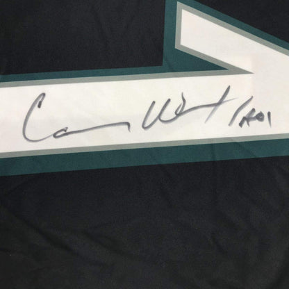 Framed Autographed/Signed Carson Wentz 35x39 Philadelphia Eagles Black Nike Dri Fit Football Jersey Fanatics COA