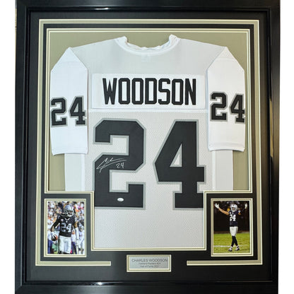 Framed Autographed/Signed Charles Woodson 35x39 Oakland White Football Jersey GTSM Holo COA