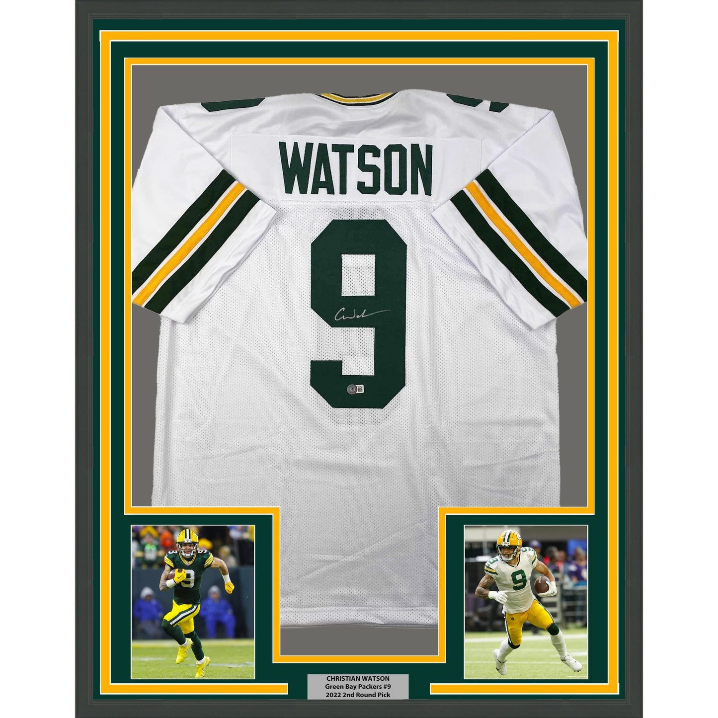 Framed Autographed/Signed Christian Watson 35x39 Green Bay White Football Jersey Beckett BAS COA