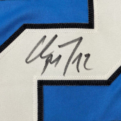 Framed Autographed/Signed Christian McCaffrey 35x39 Carolina Blue Football Jersey Beckett BAS COA