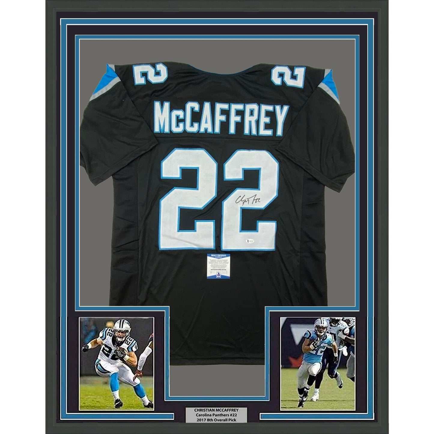 Framed Autographed/Signed Christian McCaffrey 35x39 Carolina Black Football Jersey Beckett BAS COA