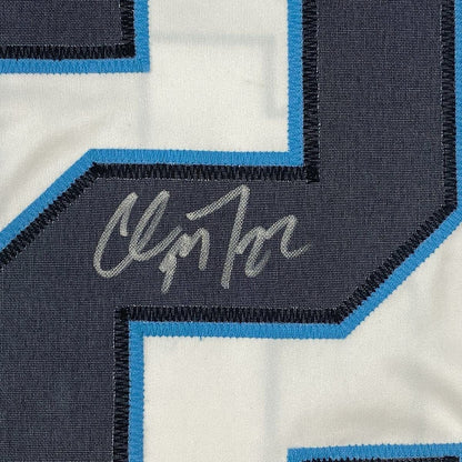 Framed Autographed/Signed Christian McCaffrey 35x39 Carolina White Football Jersey Beckett BAS COA