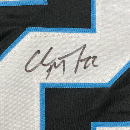 Framed Autographed/Signed Christian McCaffrey 35x39 Carolina Black Football Jersey Beckett BAS COA