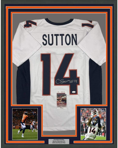 Framed Autographed/Signed Courtland Sutton 35x39 Denver White Football Jersey JSA COA