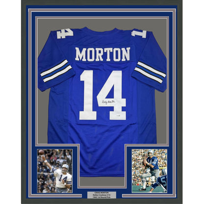 Framed Autographed/Signed Craig Morton 35x39 Dallas Blue Football Jersey JSA COA