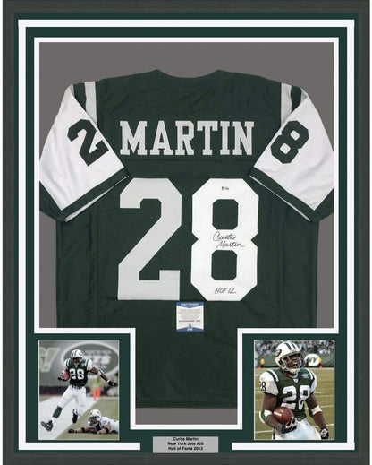 Framed Autographed/Signed Curtis Martin HOF 12 35x39 New York Green Football Jersey Beckett BAS COA