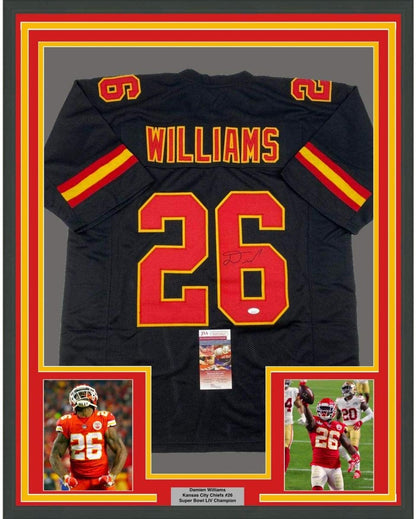Framed Autographed/Signed Damien Williams 35x39 Kansas City Black Football Jersey JSA COA