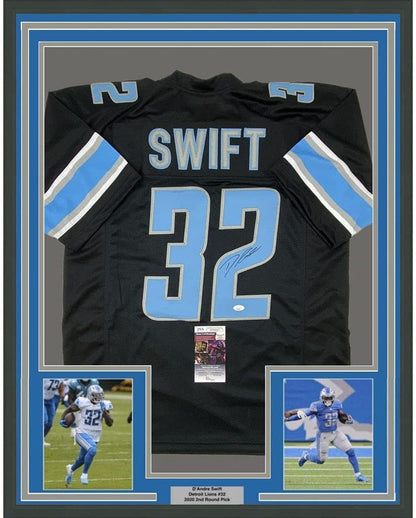 Framed Autographed/Signed D'Andre Swift 35x39 Detroit Black Football Jersey JSA COA