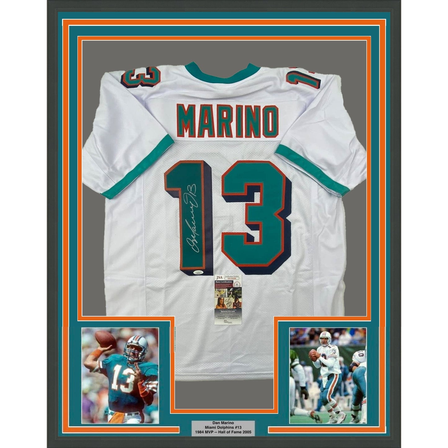 Framed Autographed/Signed Dan Marino 35x39 Miami White Football Jersey JSA COA