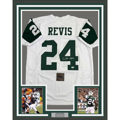 Framed Autographed/Signed Darrelle Revis 35x39 New York White Football Jersey Beckett BAS COA