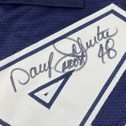 Framed Autographed/Signed Daryl Moose Johnston 35x39 Dallas Blue Football Jersey Beckett BAS COA
