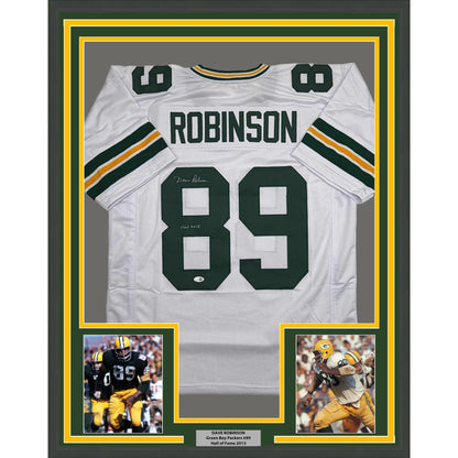 Framed Autographed/Signed Dave Robinson 35x39 HOF 13 Green Bay White Football Jersey JSA COA