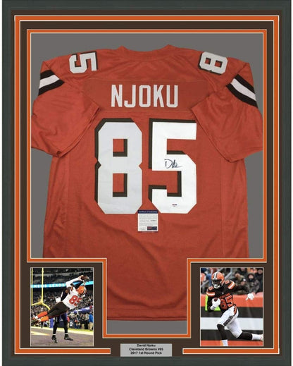 Framed Autographed/Signed David Njoku 35x39 Cleveland Orange Football Jersey PSA/DNA COA