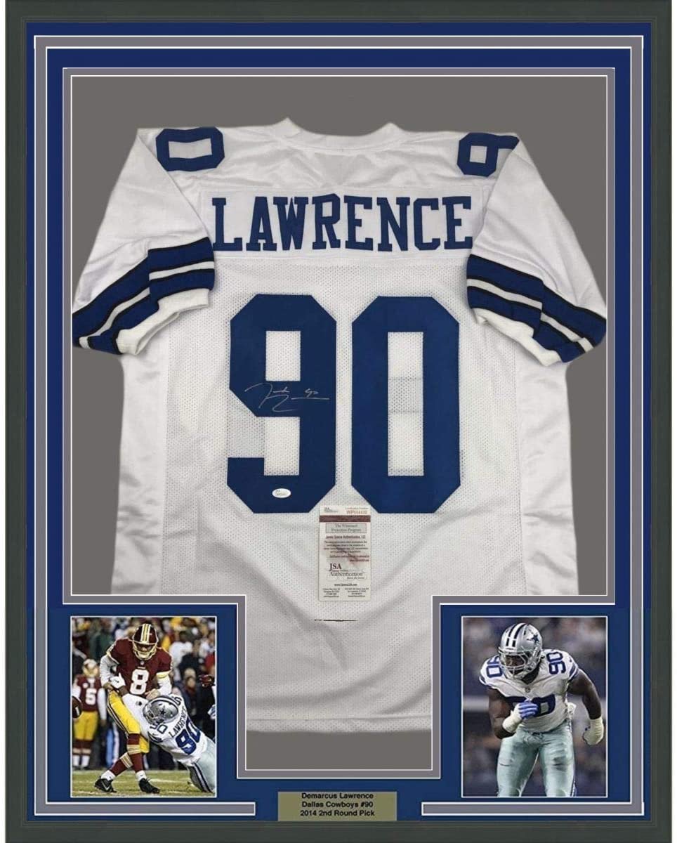 Framed Autographed/Signed Demarcus Lawrence 35x39 Dallas White Football Jersey JSA COA