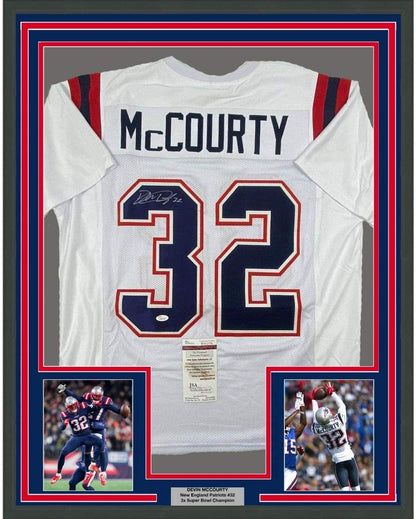 Framed Autographed/Signed Devin McCourty 35x39 New England White Football Jersey JSA COA