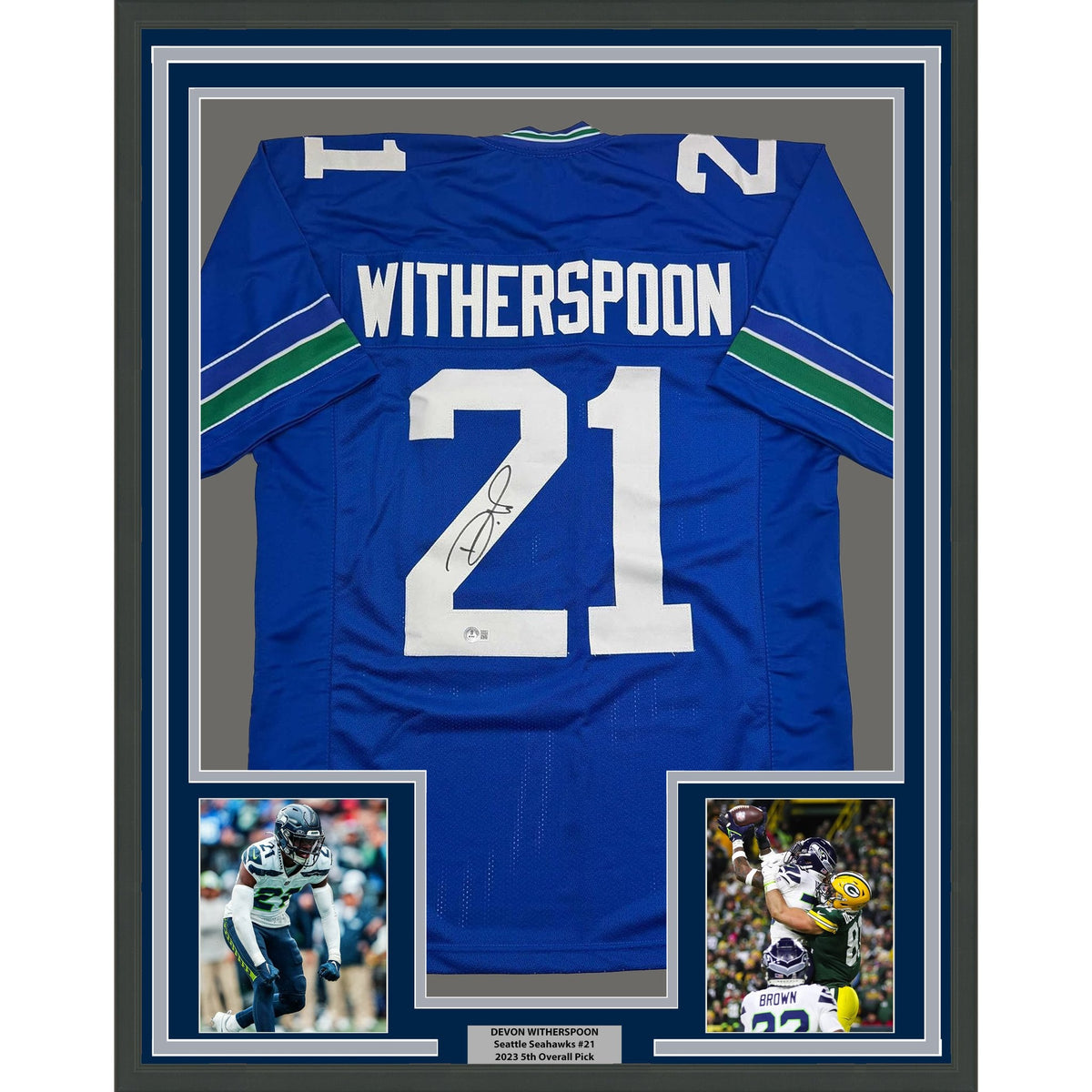 Framed Autographed/Signed Devon Witherspoon 35x39 Seattle Blue Retro Football Jersey Beckett BAS COA