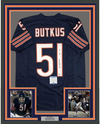 Framed Autographed/Signed Dick Butkus HOF 79 35x39 Chicago Blue Football Jersey Beckett BAS COA