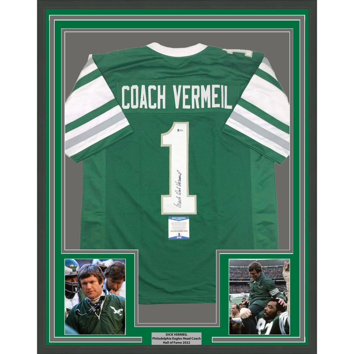 Framed Autographed/Signed Dick Vermeil 35x39 Philadelphia Green Football Jersey JSA COA