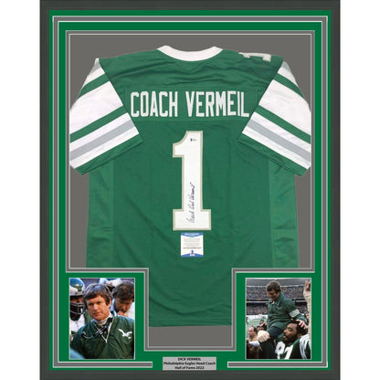 Framed Autographed/Signed Dick Vermeil 35x39 Philadelphia Green Football Jersey JSA COA