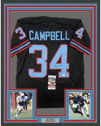 Framed Autographed/Signed Earl Campbell 35x39 Houston Black Football Jersey Beckett BAS COA