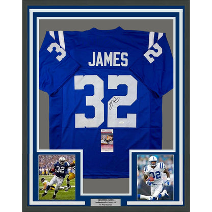 Framed Autographed/Signed Edgerrin James 35x39 Indianapolis Blue Football Jersey JSA COA