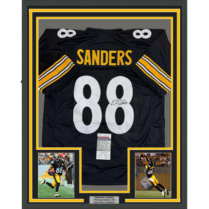 Framed Autographed/Signed Emmanuel Sanders 35x39 Pittsburgh Black Football Jersey JSA COA