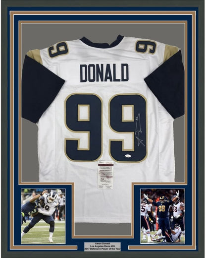 Framed Autographed/Signed Aaron Donald 35x39 Los Angeles LA White Football Jersey JSA COA