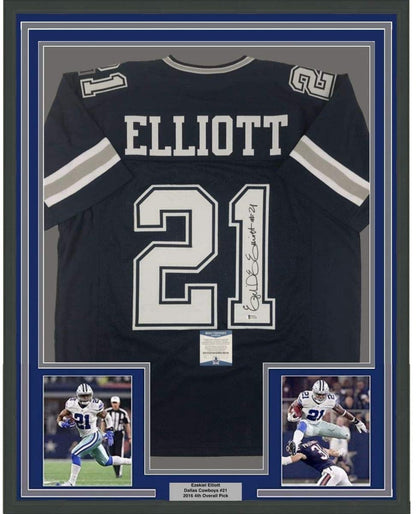 Framed Autographed/Signed Ezekiel Elliott 35x39 Dallas Dark Blue Football Jersey Beckett BAS COA