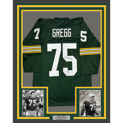 Framed Autographed/Signed Forrest Gregg HOF 77 35x39 Green Bay Green Football Jersey JSA COA