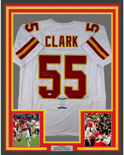 Framed Autographed/Signed Frank Clark 35x39 Kansas City White Football Jersey PSA/DNA COA