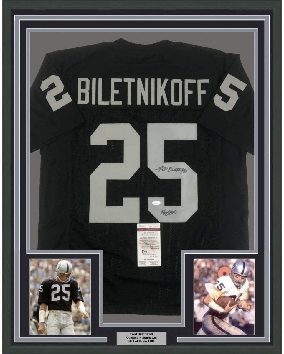 Framed Autographed/Signed Fred Biletnikoff HOF 88 35x39 Oakland Black Football Jersey JSA COA