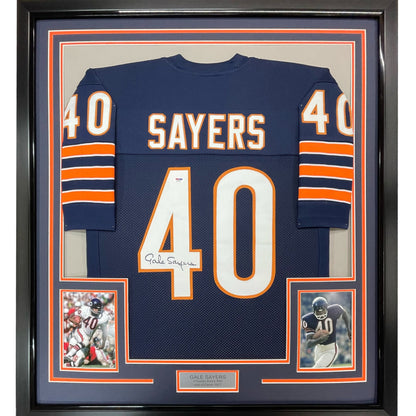 Framed Autographed/Signed Gale Sayers 35x39 Chicago Blue Football Jersey PSA/DNA COA