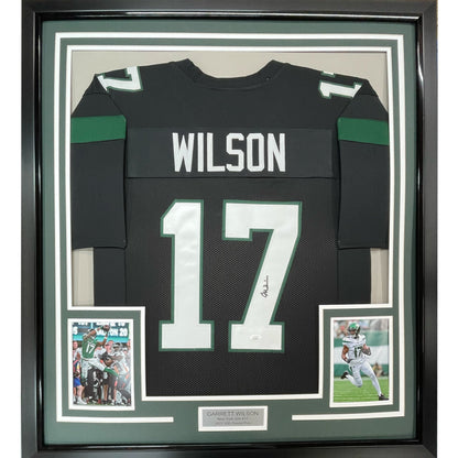 Framed Autographed/Signed Garrett Wilson 35x39 New York Black Football Jersey JSA COA