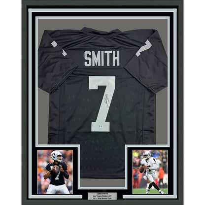 Framed Autographed/Signed Geno Smith 35x39 Oakland Black Football Jersey Beckett BAS COA