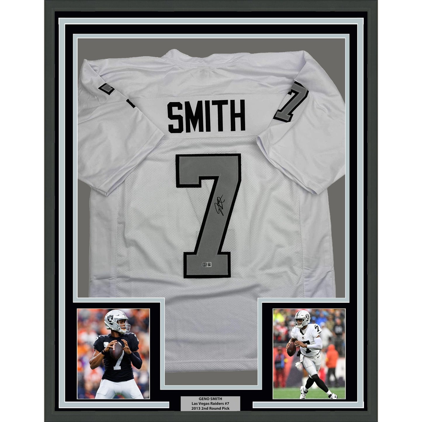 Framed Autographed/Signed Geno Smith 35x39 Oakland White Color Rush Football Jersey Beckett BAS COA
