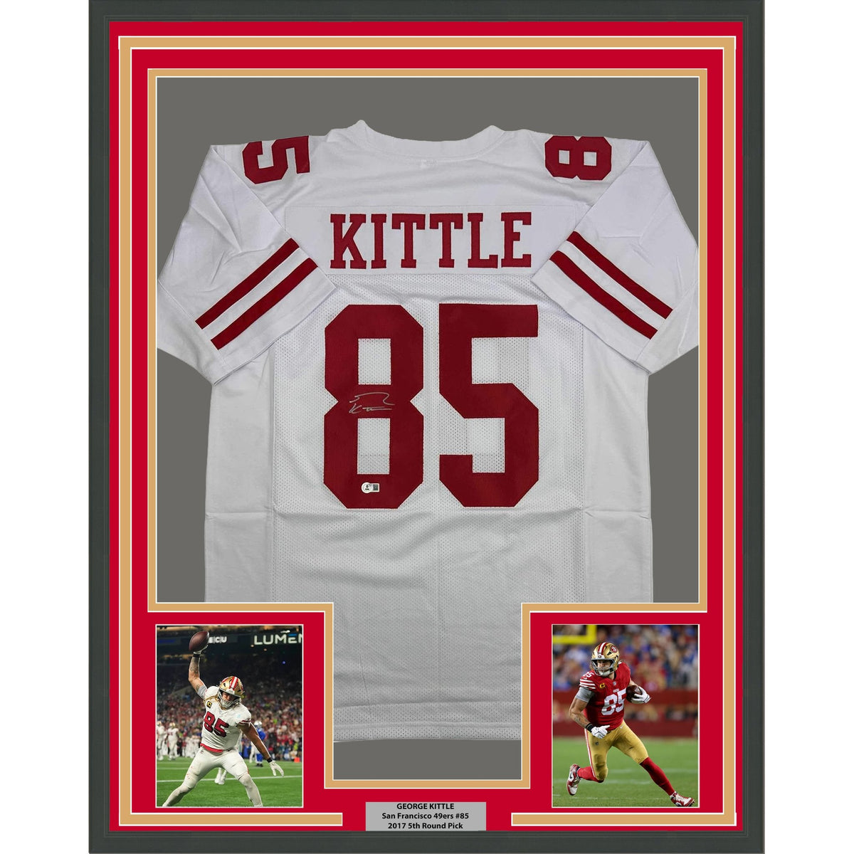 Framed Autographed/Signed George Kittle 35x39 San Francisco White Football Jersey Beckett BAS COA