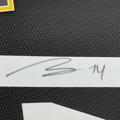 Framed Autographed/Signed George Pickens 35x39 Pittsburgh Black Football Jersey JSA COA