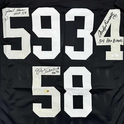 Framed Autographed/Signed Jack Ham, Jack Lambert, and Andy Russell Inscribed "24 Pro Bowls", "HOF 88" & "HOF 90" 35x39 Pittsburgh Black Football Jersey JSA COA