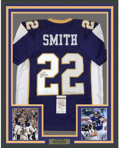 Framed Autographed/Signed Harrison Smith 35x39 Minnesota Retro Purple Football Jersey JSA COA