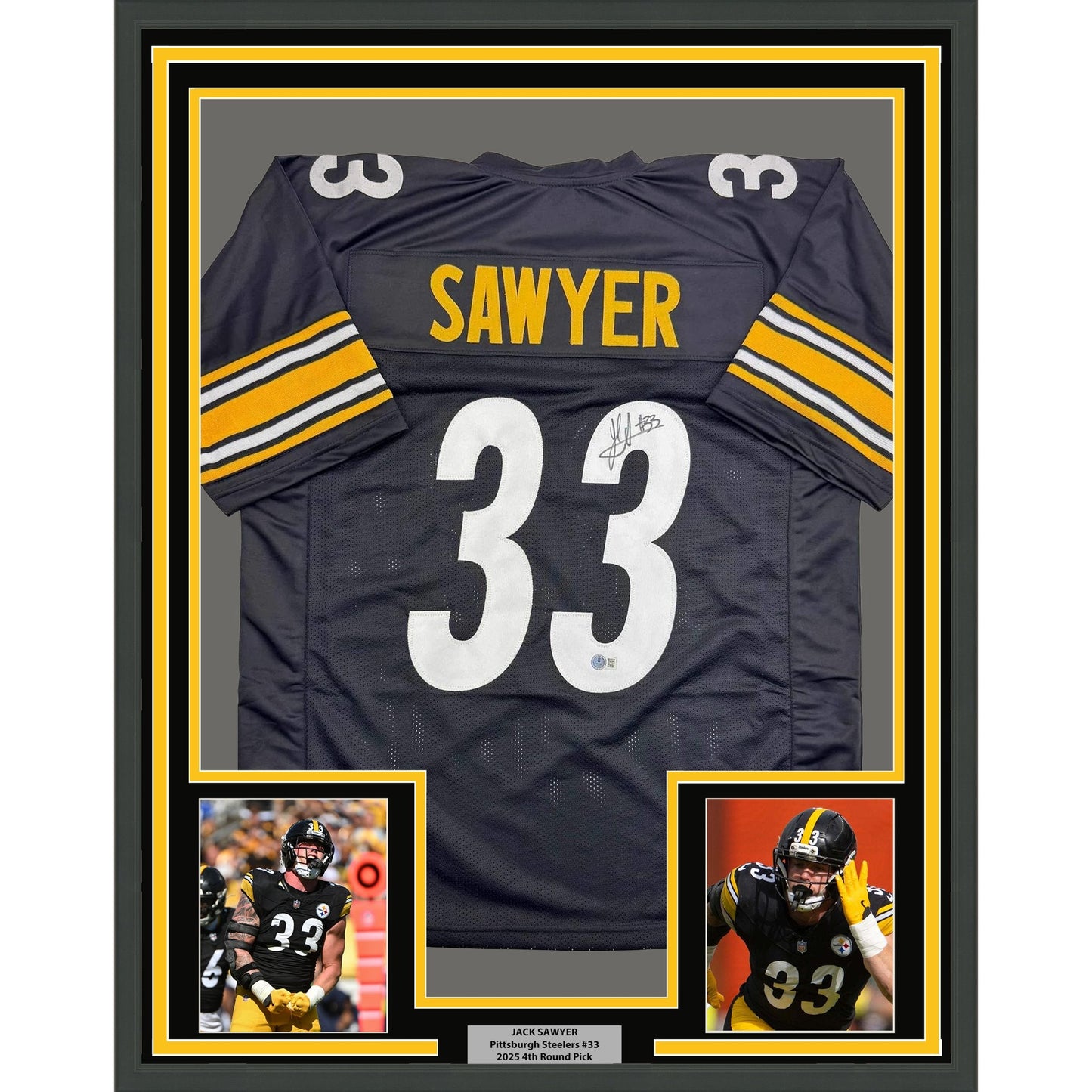 Framed Autographed/Signed Jack Sawyer 35x39 Pittsburgh Black Football Jersey Beckett BAS COA