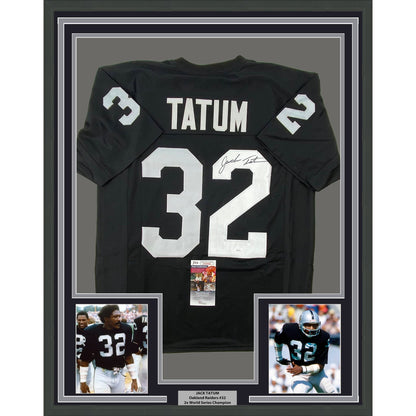 Framed Autographed/Signed Jack Tatum 35x39 Oakland Black Football Jersey JSA COA #2