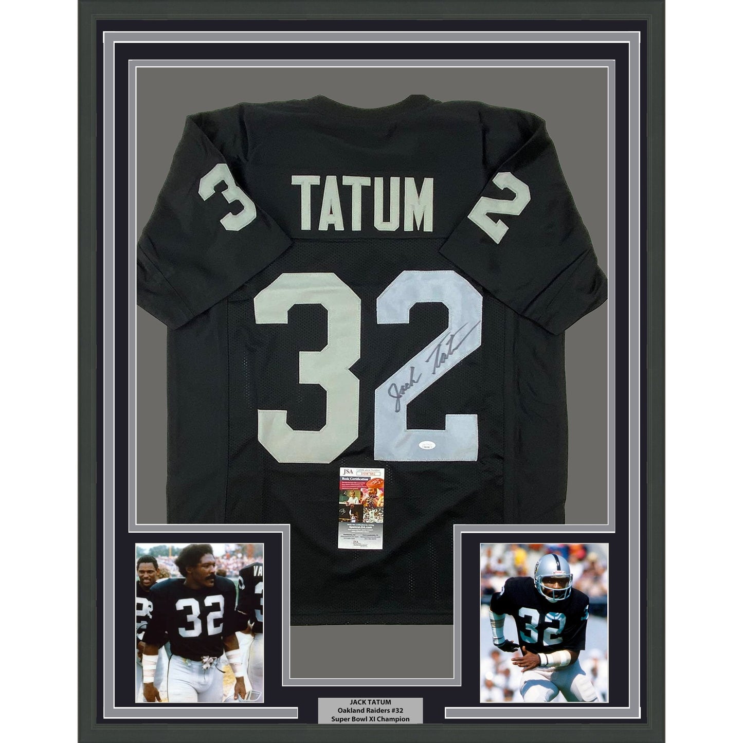 Framed Autographed/Signed Jack Tatum 35x39 Oakland Black Football Jersey JSA COA #1